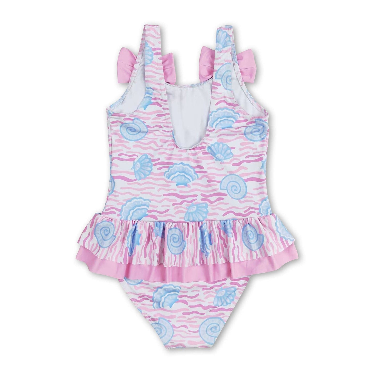 Blue Seashell 1 Piece Swimsuit W/ Pink Bows
